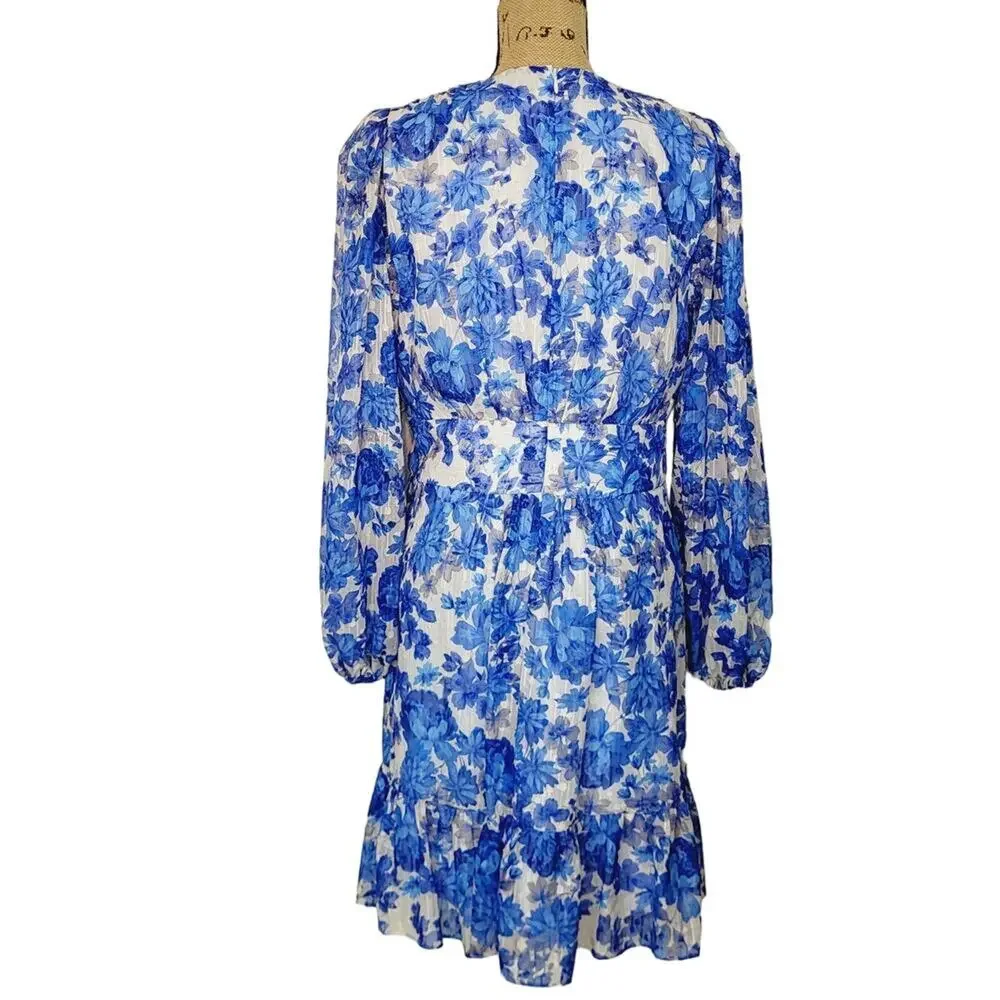 Alex Marie Simone Cobalt Floral Print Puff Sleeve Tiered V-neck Dress 18W NWT - Picture 9 of 14